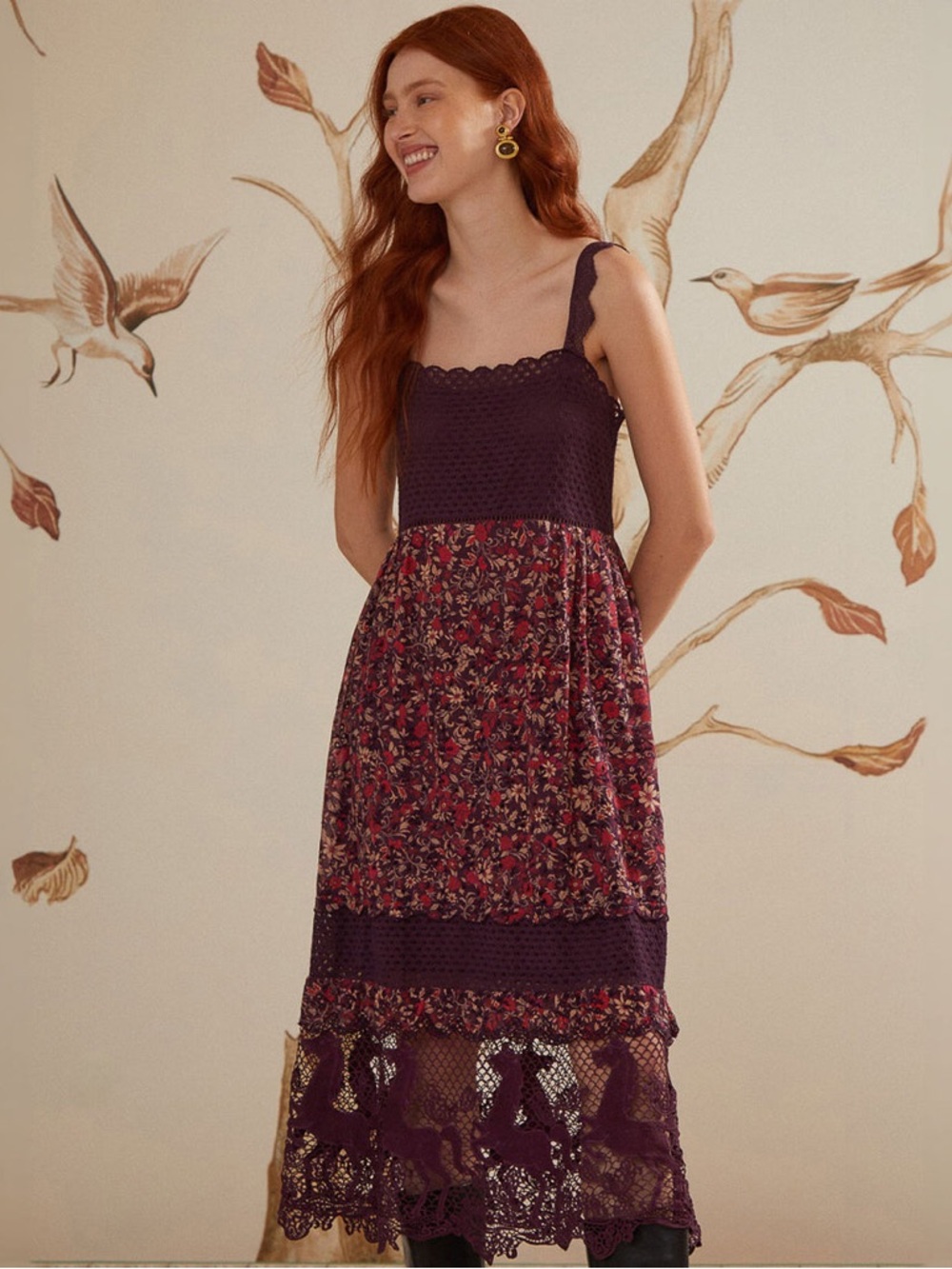 Farm Rio CHELSEA GARDEN LACE SLEEVELESS MIDI DRESS
